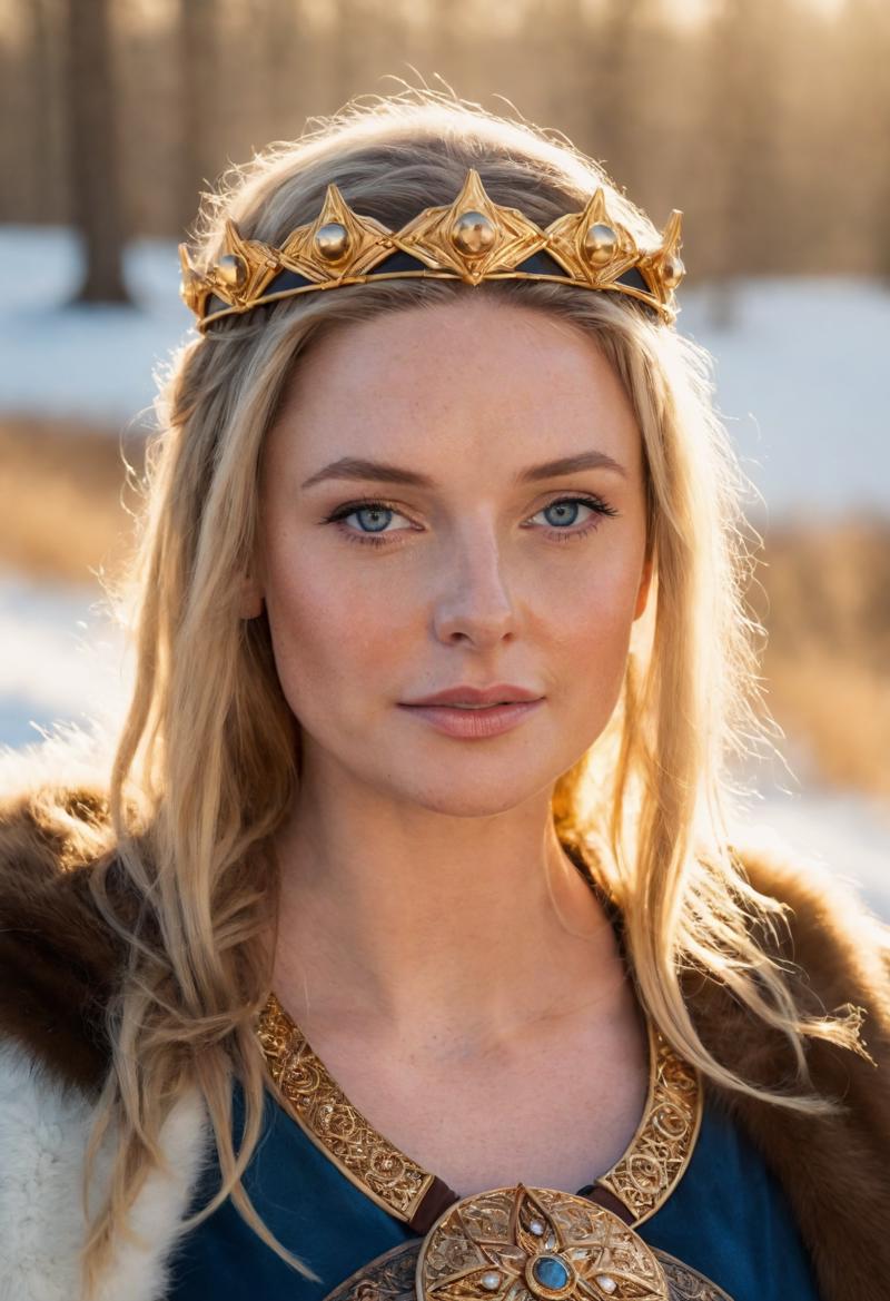 15268-3172545586-photo of beautiful rebecca_ferguson dressed as a viking queen, jewelry, crown, golden hour, snowy background, (freckles_0.5), (b.png